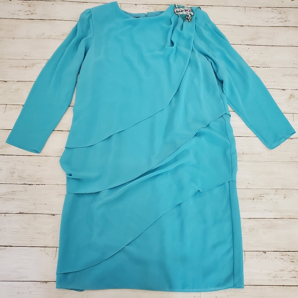 Ursula Switzerland sleeved beaded tiered‎ dress vtg turquoise blue granny chic
